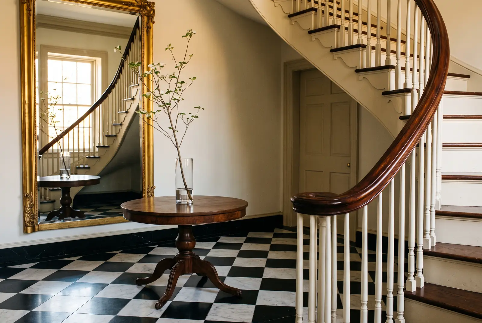 A townhouse foyer with a marble checkerboard floor, a walnut table and a curved stair