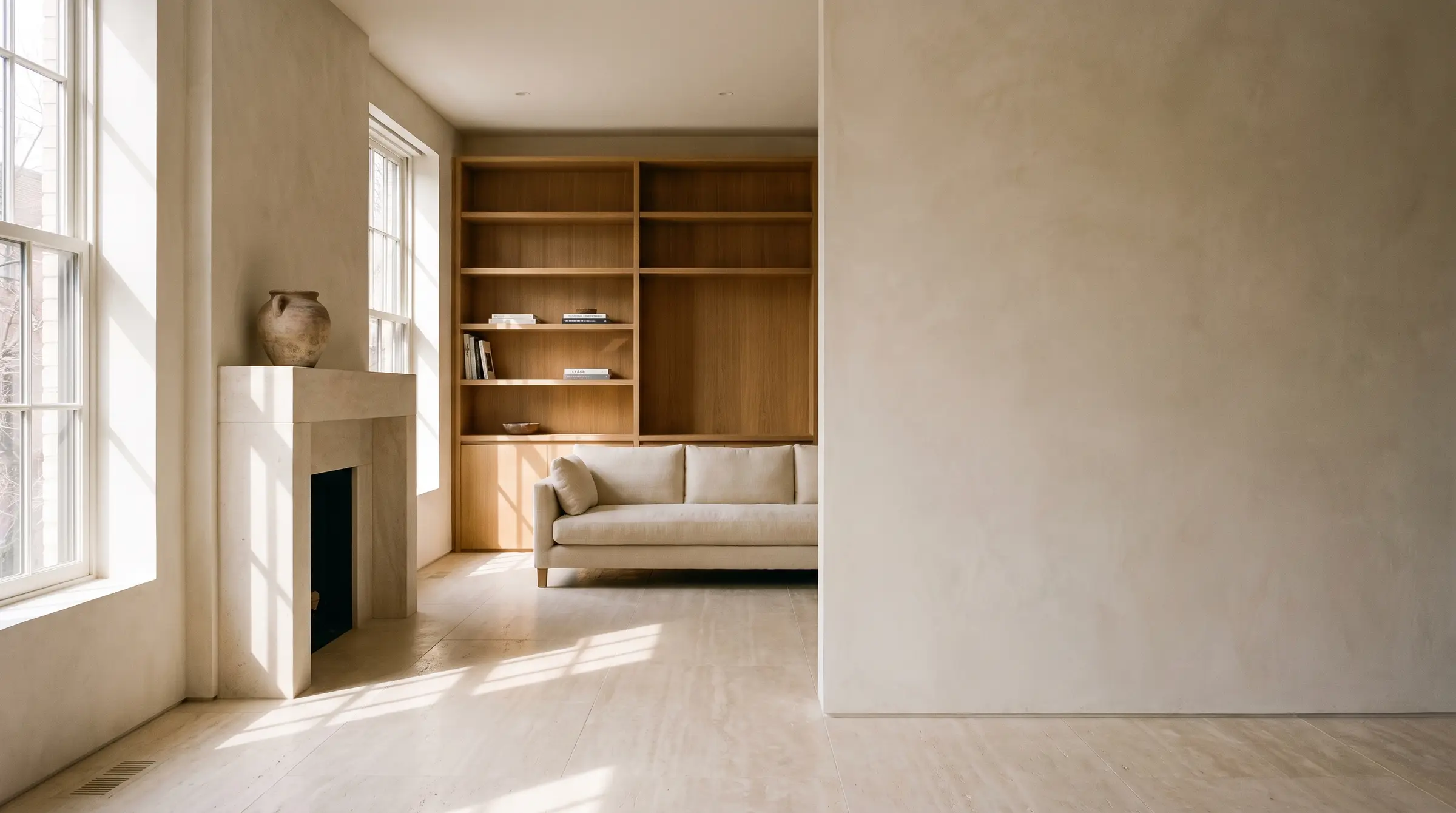 A quiet living room with a travertine floor, a limestone fireplace and white oak shelving in morning light