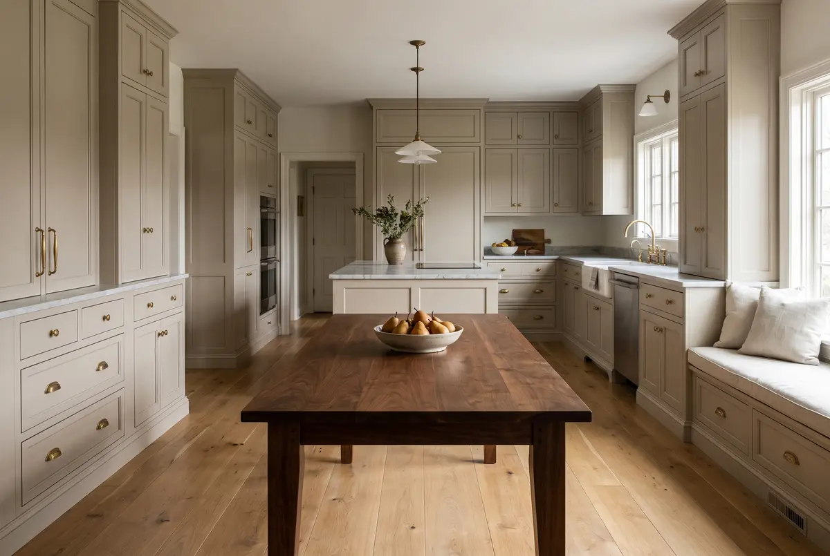Painted kitchen millwork with brass pulls above a wide-plank oak floor