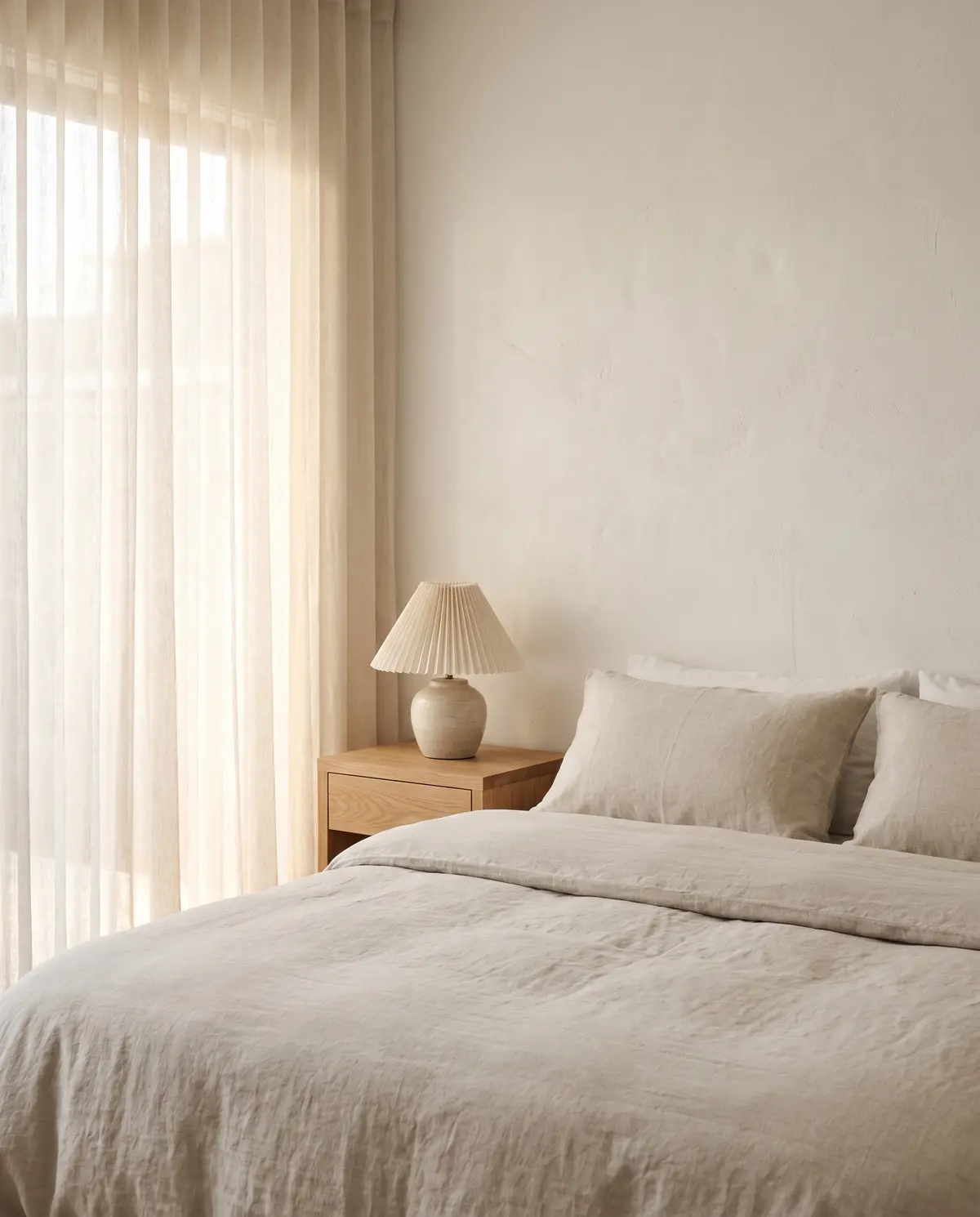 A bed made with stone-colored linen in soft morning light