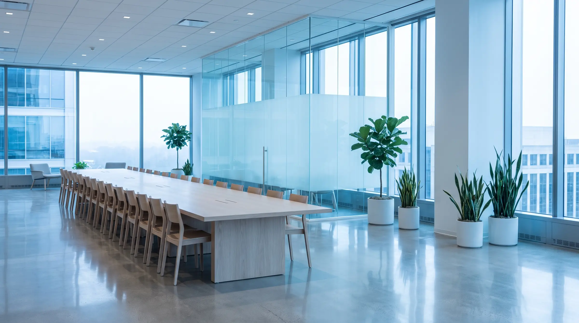 A bright, freshly cleaned open office with a long conference table, glass partitions and polished concrete floors